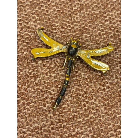 Unbranded Jewelry - Vintage Dragonfly Brooch Yellow Black Enamel Insect Pin Distressed Jewelry